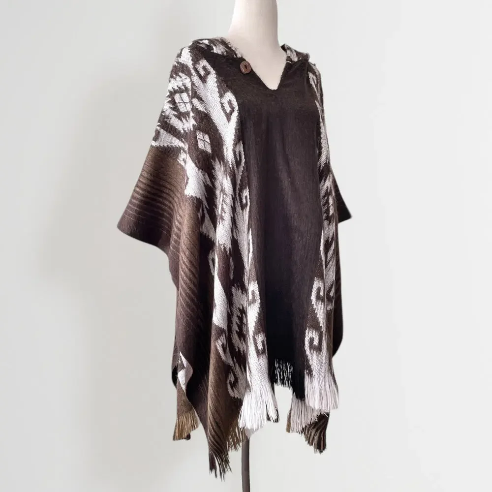 Vintage Alpaca Wool Blend Hooded Poncho Brown White One Size Aztec Boho - Picture 3 of 8